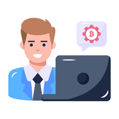 Dizüstü bilgisayarı olan bir iş adamı. Yönetici vektör tasarım simgelerinin karikatür çizimi.