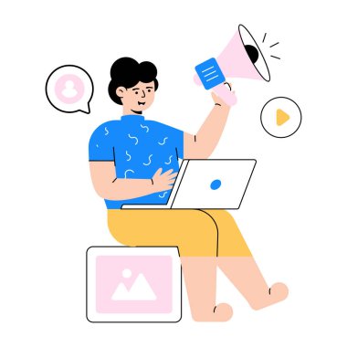 Dizüstü bilgisayarı ve hoparlörü olan genç adam. 