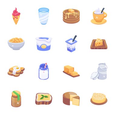Trendy 2D Icons of Dairy Products