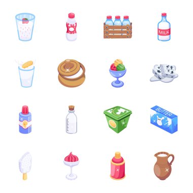 Trendy 2D Icons of Dairy Foods and Drinks