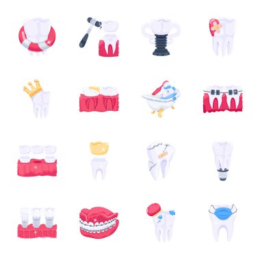 dental tools and tooth vector icons set. cartoon illustration of 9 teeth whitening concept for web