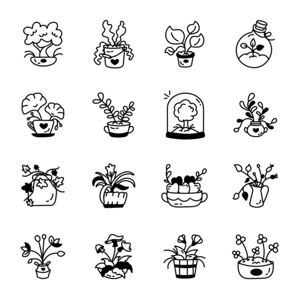 Set House Pots Hand Drawn Icons — Διανυσματικό Αρχείο