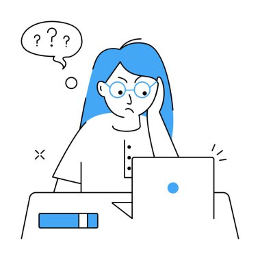 Laptop bilgisayarı ve konuşma kabarcığı çizimi olan kadın
