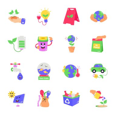 Çevre dostu ikonlar ayarlandı. çizgi film çizimleri