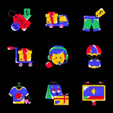 Satış ikonlarının olduğu alışveriş arabası. vektör illüstrasyonu