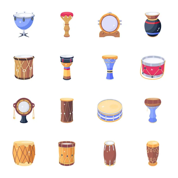 Pack Ancient Drums Flat Icons — Stock Vector