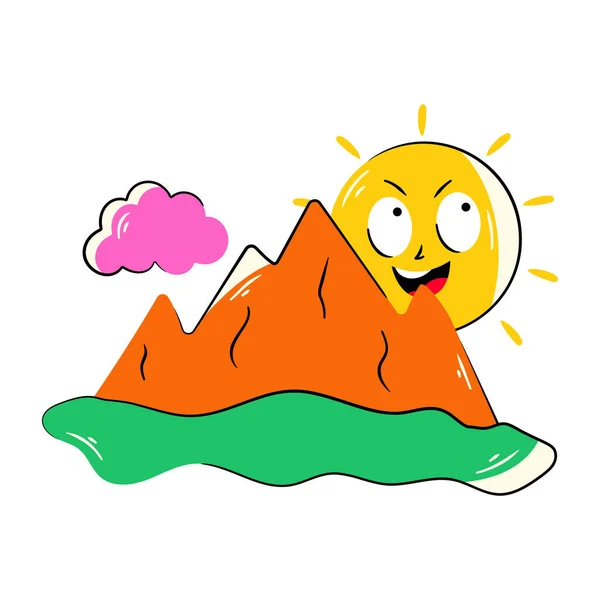 Vector Illustration Angry Cartoon Sun Icon Mountains — Stock Vector
