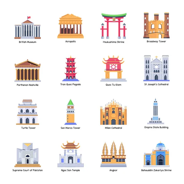 建物やランドマークのアイコンのベクトル図です ウェブのための寺院と屋根の株式記号のセット — ストックベクタ