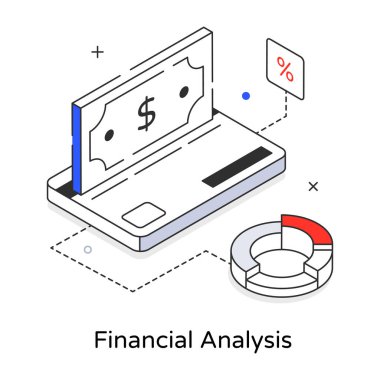 Finansal analiz ve vektör illüstrasyonlu izometrik çizgi pankartı