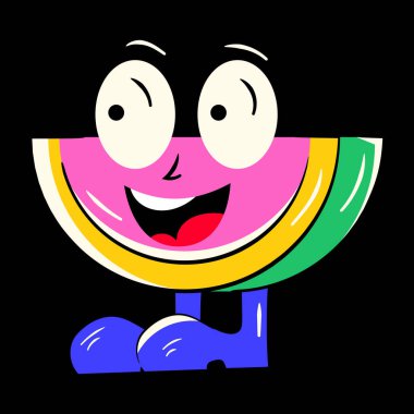 Mutlu gülümseyen, gülümseyen, bıyıklı bir karakter.