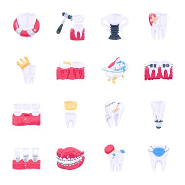 dental tools and tooth vector icons set. cartoon illustration of 9 teeth whitening concept for web