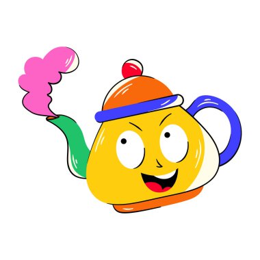 Bir fincan çayla birlikte şirin çizgi film çaydanlığı.