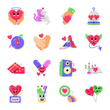 Beyaz arkaplanda çizgi film tarzında renkli sevgililer günü simgeleri