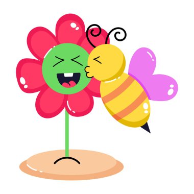 Beyaz arkaplanda küçük şirin bir arı ve çiçek resmi