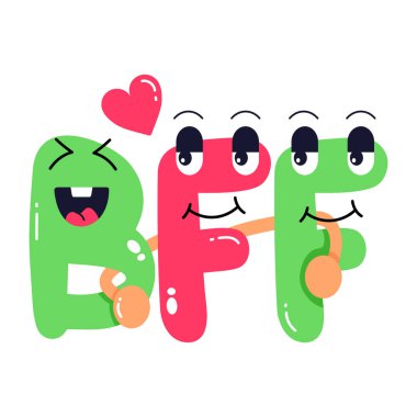 Vector illustration of a happy cartoon letters BFF with faces