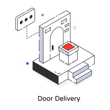 Kapı teslimatı ile izometrik çizgi pankartı, vektör illüstrasyonu