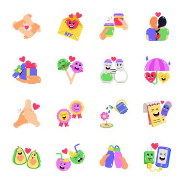 Set of cute funny icons with cartoon characters, vector illustration