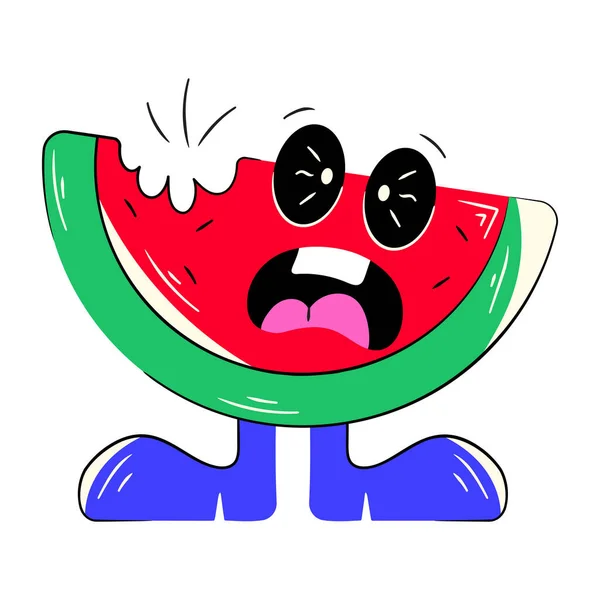 Rolig Tecknad Vattenmelon Med Röda Ögon Och Gröna Blad — Stock vektor