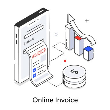 Çevrimiçi faturanın izometrik çizgi simgesi, vektör illüstrasyonu