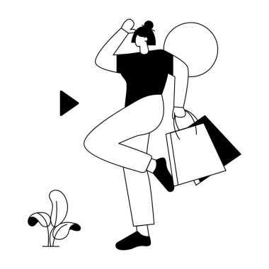 Alışveriş çantalı genç kadın karakter, vektör illüstrasyonu