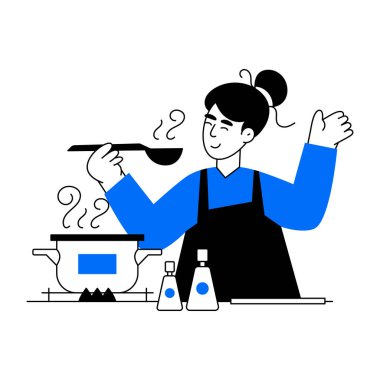 Elinde tavayla yemek pişiren kadın, vektör çizimi, beyaz üzerinde izole edilmiş. 