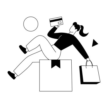 Poşet çizgisi ve düz tasarım tarzı olan kadın, vektör çizimi basit tasarım