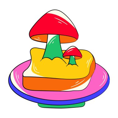 Tabakta mantarlı sandviç. Beyaz arkaplanda vektör illüstrasyonu. 