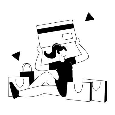 Kadın ve kartla alışveriş konsepti, vektör illüstrasyonu basit tasarım