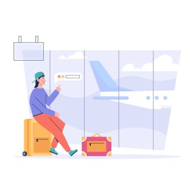 Genç adamın düz çizimi uçuşu bekliyor.