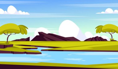 Yaz illüstrasyonunda dağ nehri manzarası 