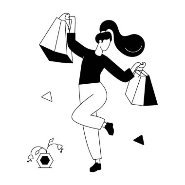 Kadın süpermarket vektör illüstrasyon arka planında alışveriş yapıyor 