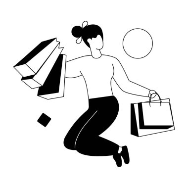 Beyaz arka planda alışveriş torbaları olan genç bir kadın. 