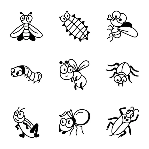 Bündel Niedlicher Käfer Und Insekten Ikonen — Stockvektor