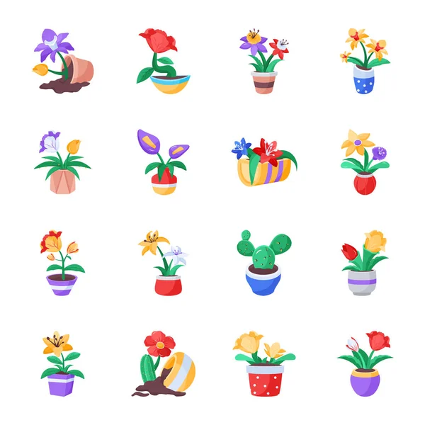 花盆和植物中的一组五彩斑斓的花朵 — 图库矢量图片