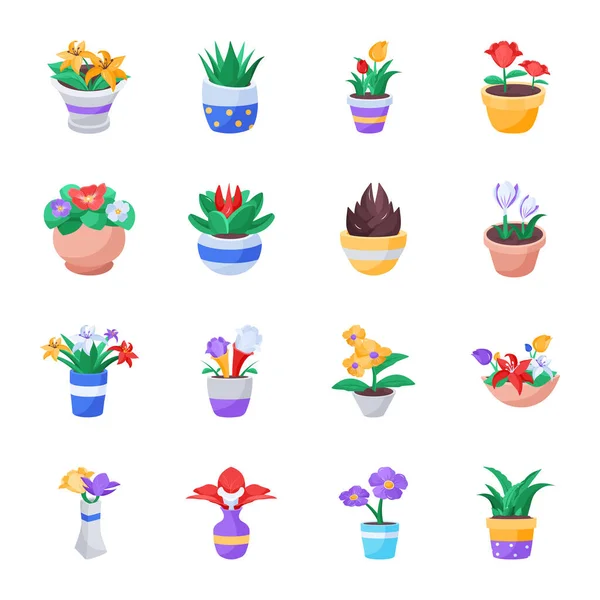鉢や鉢に植えられた様々な植物の図です — ストックベクタ