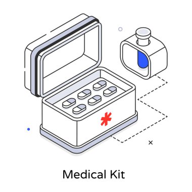tıbbi malzeme kutusu izometrik pankart, vektör illüstrasyonu 