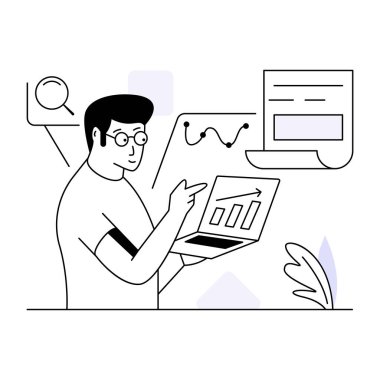 Dizüstü bilgisayarı olan genç adam çizim, vektör