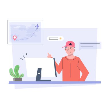 Genç adam bilgisayar kullanıyor, vektör çizimi basit tasarım