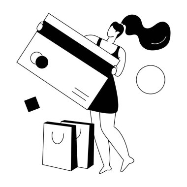 Kredi kartı alışveriş çantaları taşıyan genç bir kadın vektör illüstrasyon grafik tasarımı  