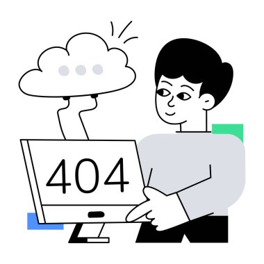 Bilgisayarla çalışan adam ve 404 hatası 