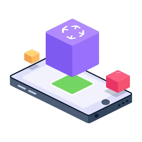 Smartphone Con Cubo Icona Isometrica Vettoriale Illustrazione — Vettoriale Stock