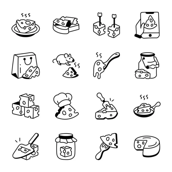 Bundle Dairy Food Hand Drawn Icons — Stock Vector