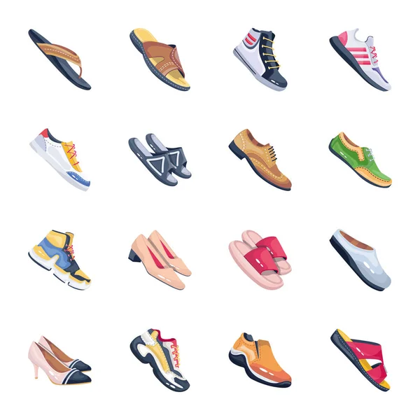 Conjunto Ícones Planos Com Diferentes Tipos Sapatos —  Vetores de Stock