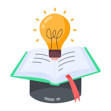 Bir ampul ve kitabın düz çizimi. 