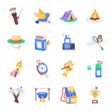 Kamp ve yürüyüş faaliyetleri için düz tasarım simgeleri 