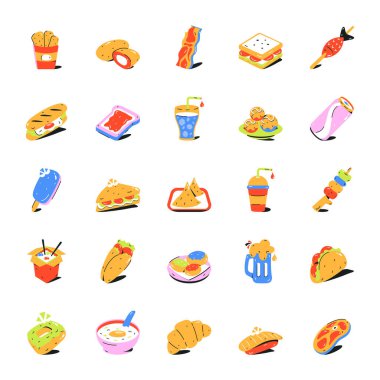 Yiyecek ve içecekler bilinen bir ölçüdür. Gıda simgelerinin vektör illüstrasyonu.      