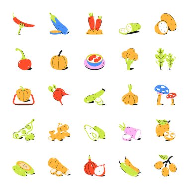 meyve ve sebze ikonlarının vektör karikatür kümesi