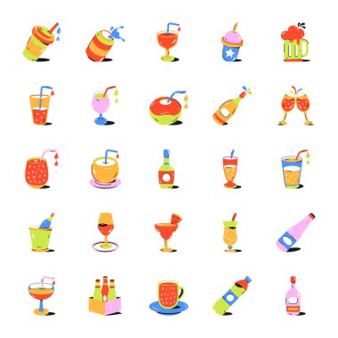 Alkol içecek ikonları, çizgi film tarzı.