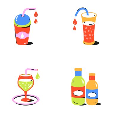 Alkol içecek ikonları, çizgi film tarzı.