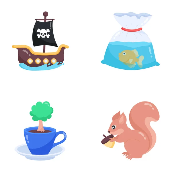 stock vector set of different animals, nature and pirate icons in flat style 